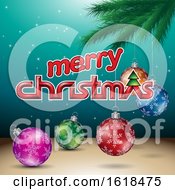 Merry Christmas Greeting With A Branch And Baubles On Turquoise