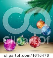 Tree Branch And Christmas Bauble Ornaments Over Turquoise