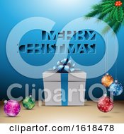Merry Christmas Greeting With A Gift And Baubles Over Blue