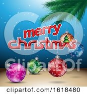 Poster, Art Print Of Merry Christmas Greeting With A Branch And Baubles On Blue