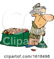 Poster, Art Print Of Cartoon Tired Old White Man After Raking And Bagging Autumn Leaves
