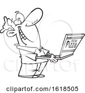 Cartoon Outline Happy Man Holding A Box Of Good Pizza by toonaday