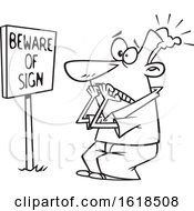 Poster, Art Print Of Cartoon Lineart Man Scared In Front Of A Posted Beware Of Sign