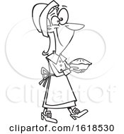Cartoon Lineart Pilgrim Woman Carrying A Pie