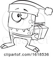 Poster, Art Print Of Cartoon Outline Christmas Elf Monster Holding A Gift