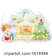 Poster, Art Print Of Caucasian Boy Kneeling By A Christmas Gift And Santa Descends The Chimney