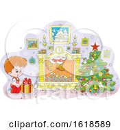 Poster, Art Print Of White Boy Kneeling By A Christmas Gift And Santa Descends The Chimney