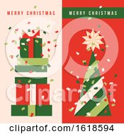 Poster, Art Print Of Two Vertical Banners With Christmas Tree Holiday Gifts And Colorful Confetti In The Air