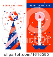 Poster, Art Print Of Two Vertical Greeting Cards With Christmas Tree Holiday Candle And Colorful Confetti In The Air