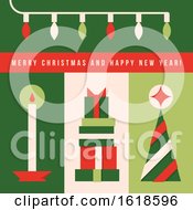 Poster, Art Print Of Minimalistic Greeting Card With Christmas Tree Lights Candle And Holiday Gifts
