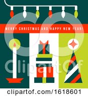Poster, Art Print Of Minimalistic Greeting Card With Christmas Tree Lights Candle And Holiday Gifts