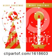 Poster, Art Print Of Two Vertical Greeting Cards With Christmas Tree Holiday Candle And Colorful Confetti In The Air