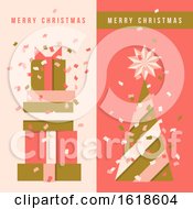 Poster, Art Print Of Two Vertical Flyers With Christmas Tree Holiday Gifts And Colorful Confetti In The Air