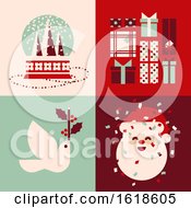 Poster, Art Print Of Set Of Retro Christmas Cards With Snow Globe Holiday Gifts White Dove And Cute Santa Claus