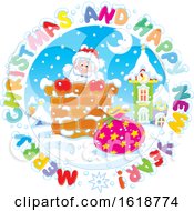 Poster, Art Print Of Merry Christmas And Happy New Year Greeting In A Circle Around Santa In A Chimney