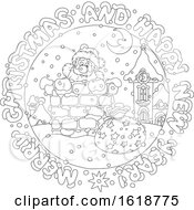 Poster, Art Print Of Black And White Merry Christmas And Happy New Year Greeting In A Circle Around Santa In A Chimney