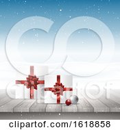 Poster, Art Print Of Christmas Gifts On A Wooden Table Looking Out To A Snowy Landscape