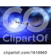3D Christmas Moonlit Landscape With Santa And Reindeers In The Sky