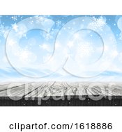 Poster, Art Print Of 3d Snowy Landscape With Falling Snowflakes And Wooden Table