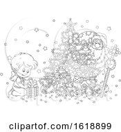 Poster, Art Print Of Black And White Girl Looking At A Gift As Santa Peeks From Behind A Christmas Tree