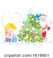 Poster, Art Print Of Blond Girl Looking At A Gift As Santa Peeks From Behind A Christmas Tree