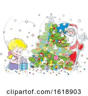 Poster, Art Print Of Caucasian Girl Looking At A Gift As Santa Peeks From Behind A Christmas Tree