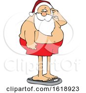 Poster, Art Print Of Cartoon Santa Claus Standing On The Scale And Seeing Holiday Weight Gain