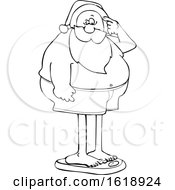 Cartoon Black And White Santa Claus Standing On The Scale And Seeing Holiday Weight Gain