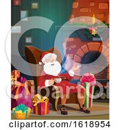 Poster, Art Print Of Santa Claus Drinking A Warm Beverage By A Fireplace