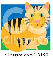 Cute Ginger Tabby Cat With Black Stripes And Green Eyes Sitting In Grass Clipart Illustration Image