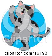 Poster, Art Print Of Gray Cat With Black Spots And Green Eyes Walking On Its Hind Legs And Waving