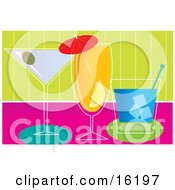 Lineup Of Alcoholic Beverages At A Bar During A Party Clipart Illustration Image by Maria Bell