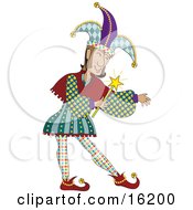 Male Jester In Colorful Costume Holding A Magic Wand