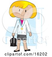 Friendly Blond Female Doctor Wearing A Stethoscope Around Her Neck And Carrying A Medical Bag While Standing In Front Of A Patients Bed In A Hospital Room Clipart Illustration Image by Maria Bell #COLLC16202-0034