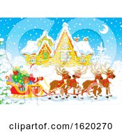 Poster, Art Print Of Santa Claus With His Reindeer And Sleigh In Front Of A Home