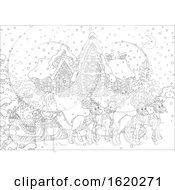 Poster, Art Print Of Santa Claus With His Reindeer And Sleigh In Front Of A Home In Black And White