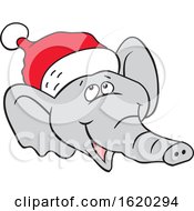 Poster, Art Print Of Cartoon Happy Christmas Elephant Face With A Santa Hat