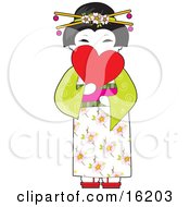 Poster, Art Print Of Beautiful Japanese Geisha Woman With Blossoms In Her Hair Wearing A Floral And Green Kimono And Holding A Heart In Front Of Her Face