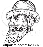 Hipster Wearing Bowler Hat Etching Black And White