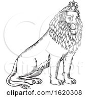 Poster, Art Print Of Lion Sitting Wearing Tiara Etching Black And White