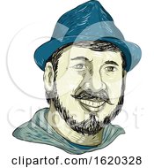 Poster, Art Print Of Hipster Wearing Fedora Hat Smiling Drawing