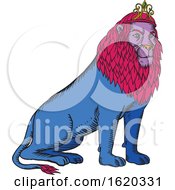 Poster, Art Print Of Blue Lion Sitting Wearing Tiara Crown Etching