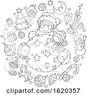 Poster, Art Print Of Black And White Circle Of Christmas Items Around Santa Holding A Sack