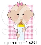 Baby Girl With A Pink Bow On The Top Of Her Head Holding A Baby Bottle Clipart Illustration Image by Maria Bell