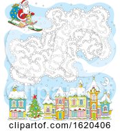Poster, Art Print Of Sledding Santa With A Cloud Maze Over A Town