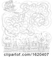 Poster, Art Print Of Black And White Sledding Santa With A Cloud Maze Over A Town