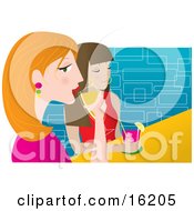 Beautiful Red Haired Woman Drinking Wine At A Bar With Her Brunette Friend Clipart Illustration Image