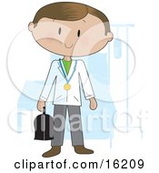Friendly Male Doctor Wearing A Stethoscope Around His Neck And Carrying A Medical Bag While Standing In Front Of A Patients Bed In A Hospital Room Clipart Illustration Image by Maria Bell