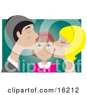 Poster, Art Print Of Happy Girl Smiling As Her Blond Mother And Dark Haired Father Kiss Her On The Cheek