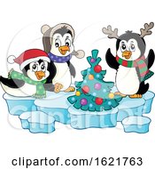 Poster, Art Print Of Group Of Christmas Penguins Around A Tree On Ice